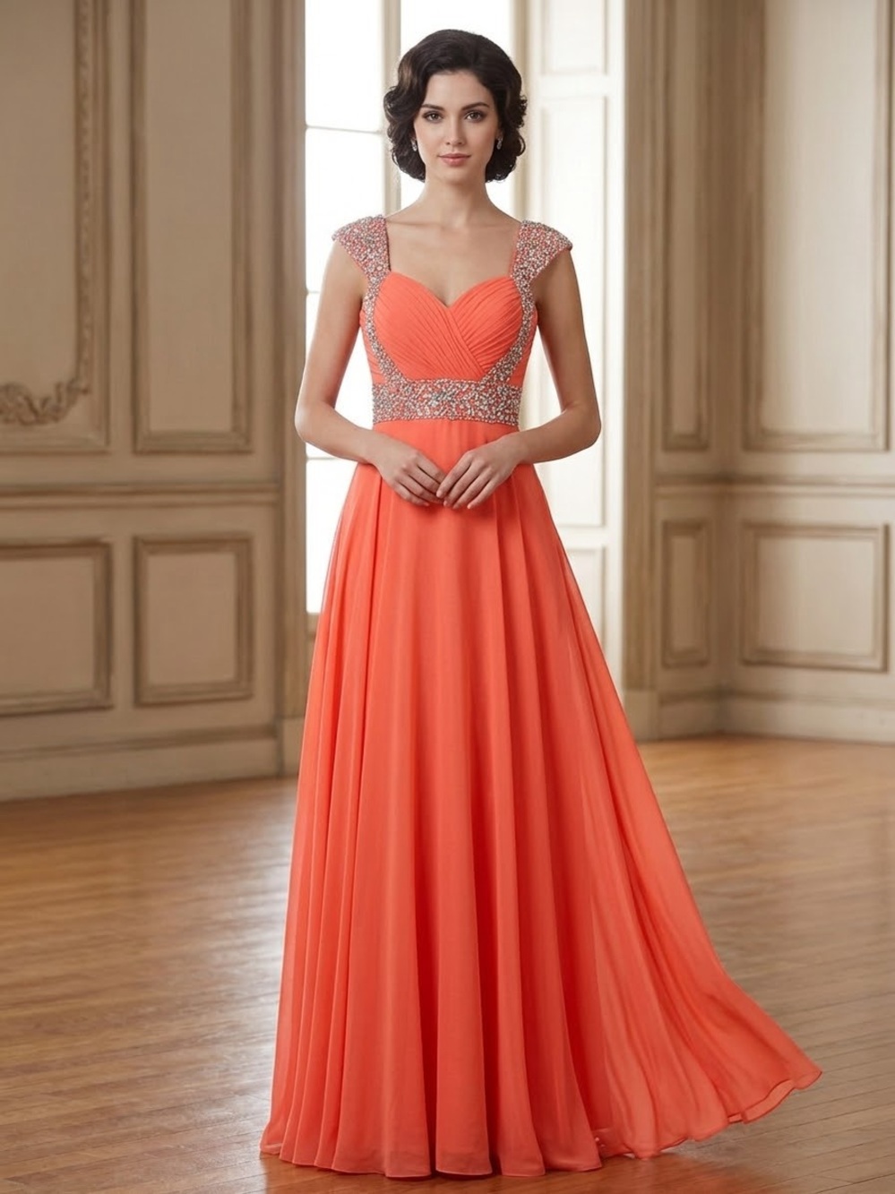 NWT Coral Chiffon Beaded Floor-Length Evening Gown Corset Back Size 2